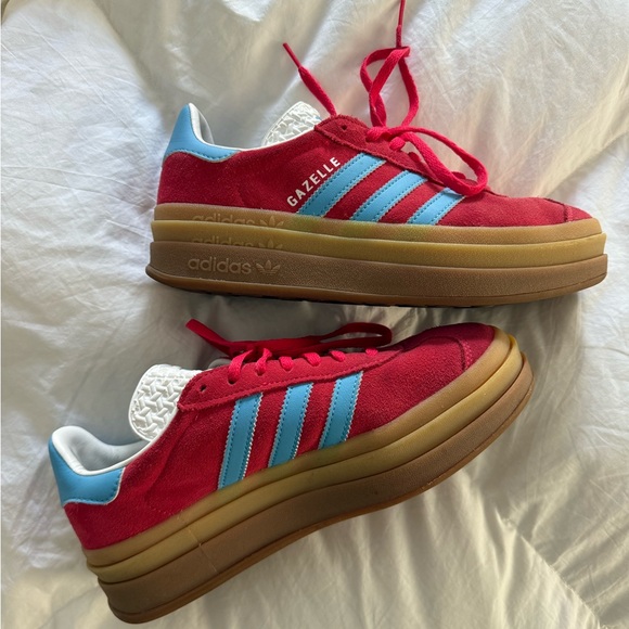 adidas Shoes - adidas Gazelle Platform Sneakers - Red with Light Blue Accents